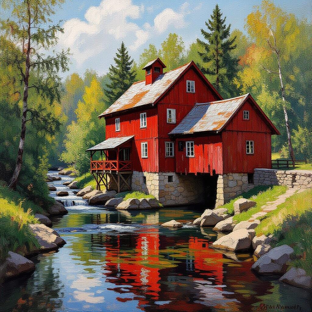 Weather-Beaten Red Mill by Stream, Impressionist Style