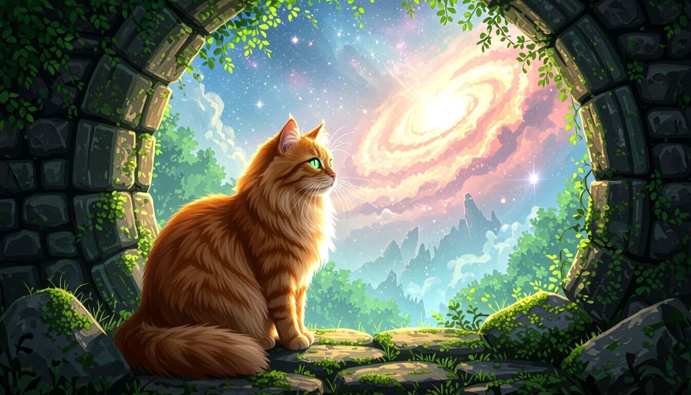 Ginger Cat Gazes at Swirling Nebulae in Fantasy Forest