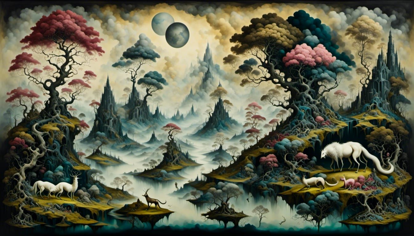 Surreal Ink Wash Landscape with Winding Waterway