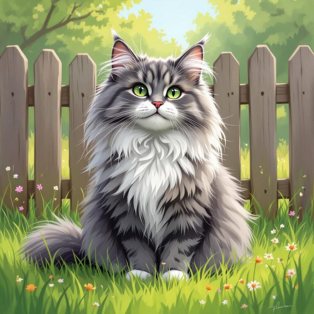 Whimsical Fluffy Cat Stares Proudly from Green Lawn