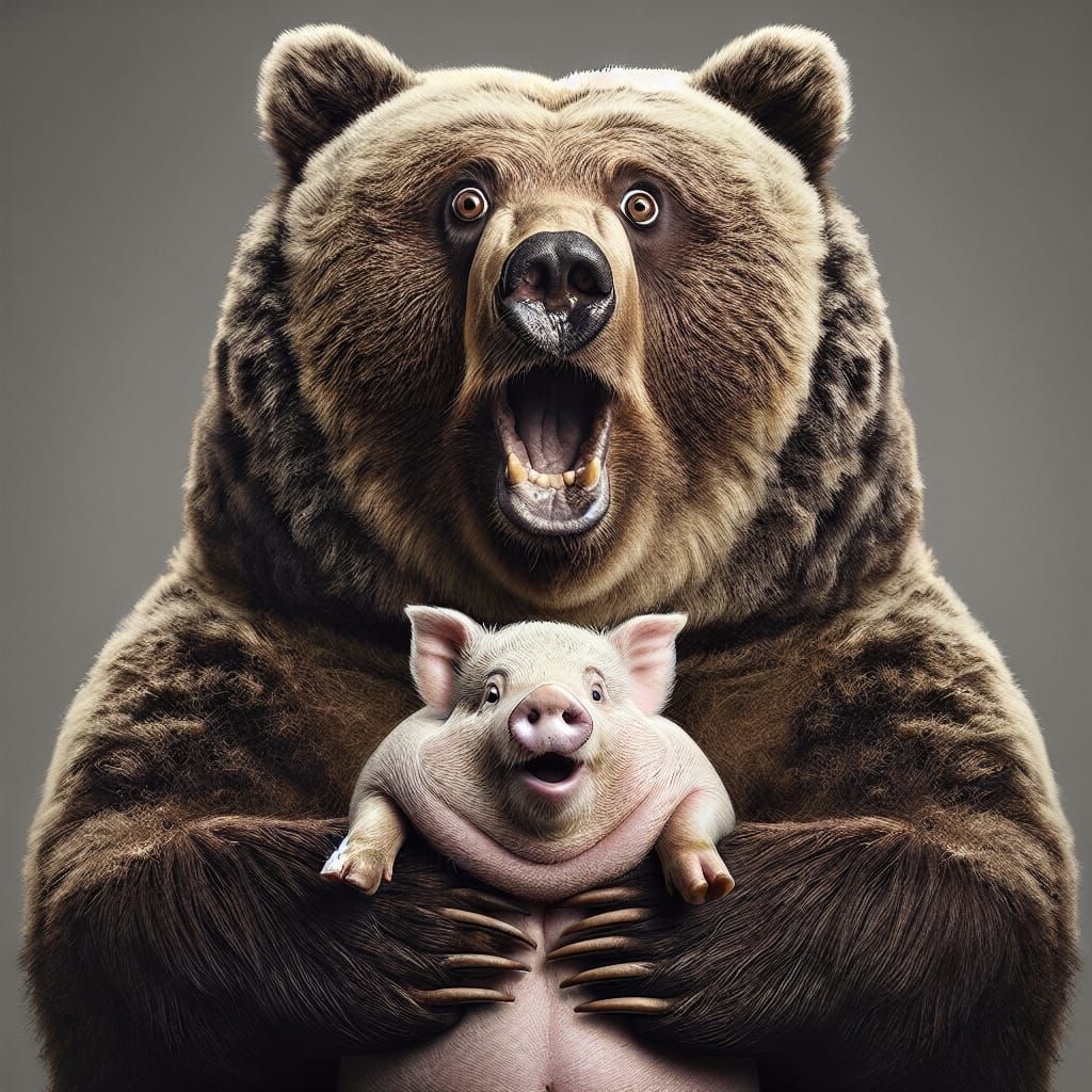 Surprised Grizzly Bear Holding an Excited Piglet