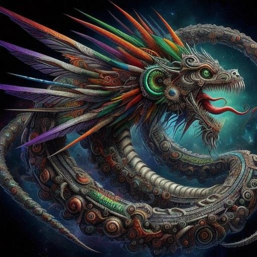 Gothic Quetzalcoatl Illuminates Dark Temple with Ethereal Bl...