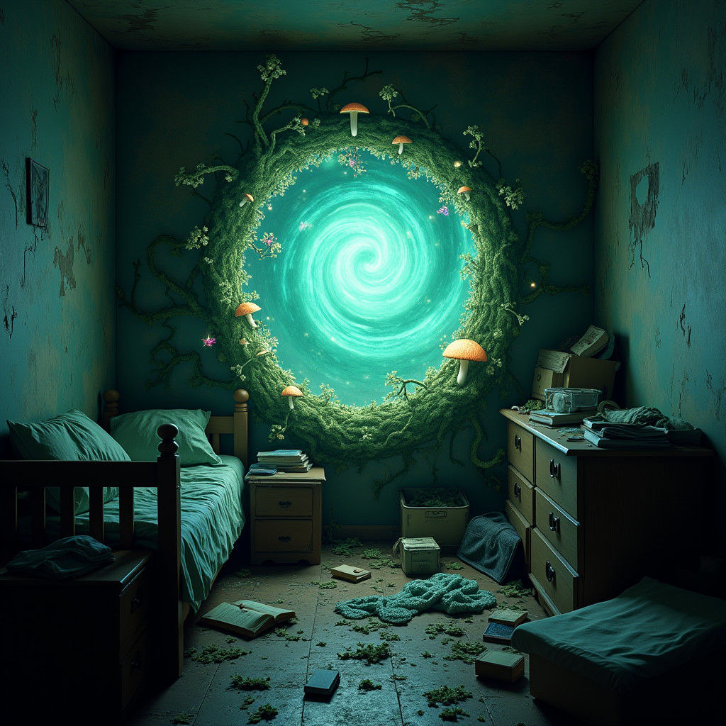 Mystical Forest Portal in Bedroom Wall, Digital Art