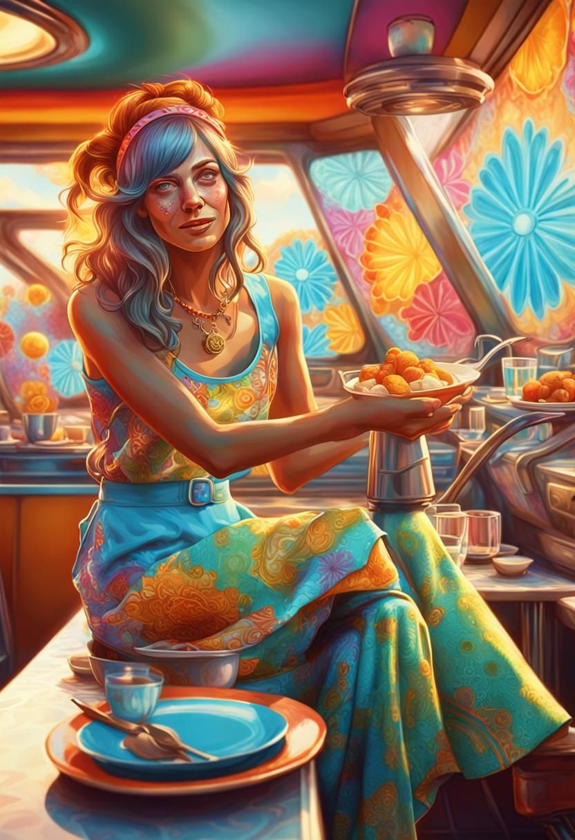 Psychedelic Hippy Diner Waitress Portrait in 8k