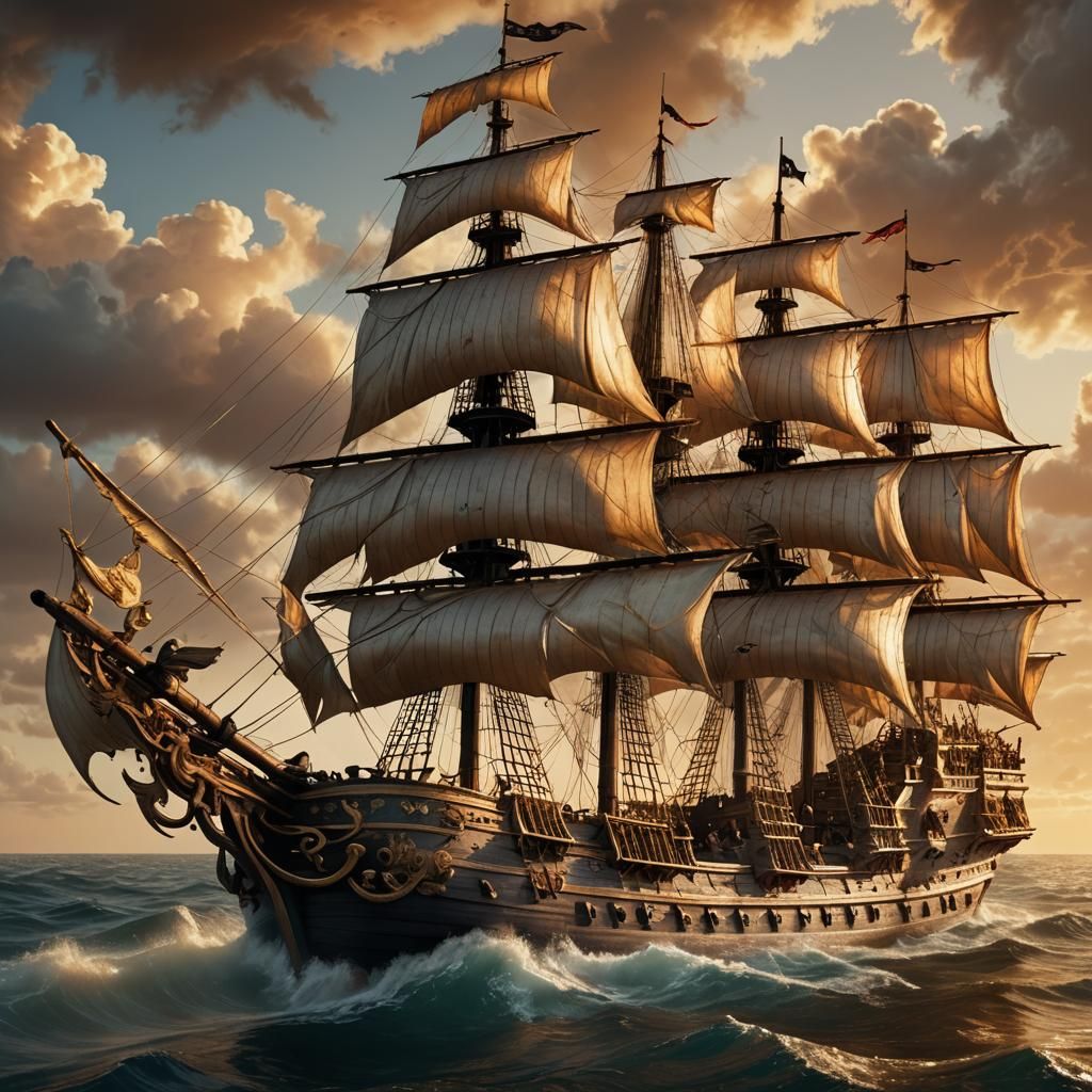 Pirate Ship Sails in Golden Light
