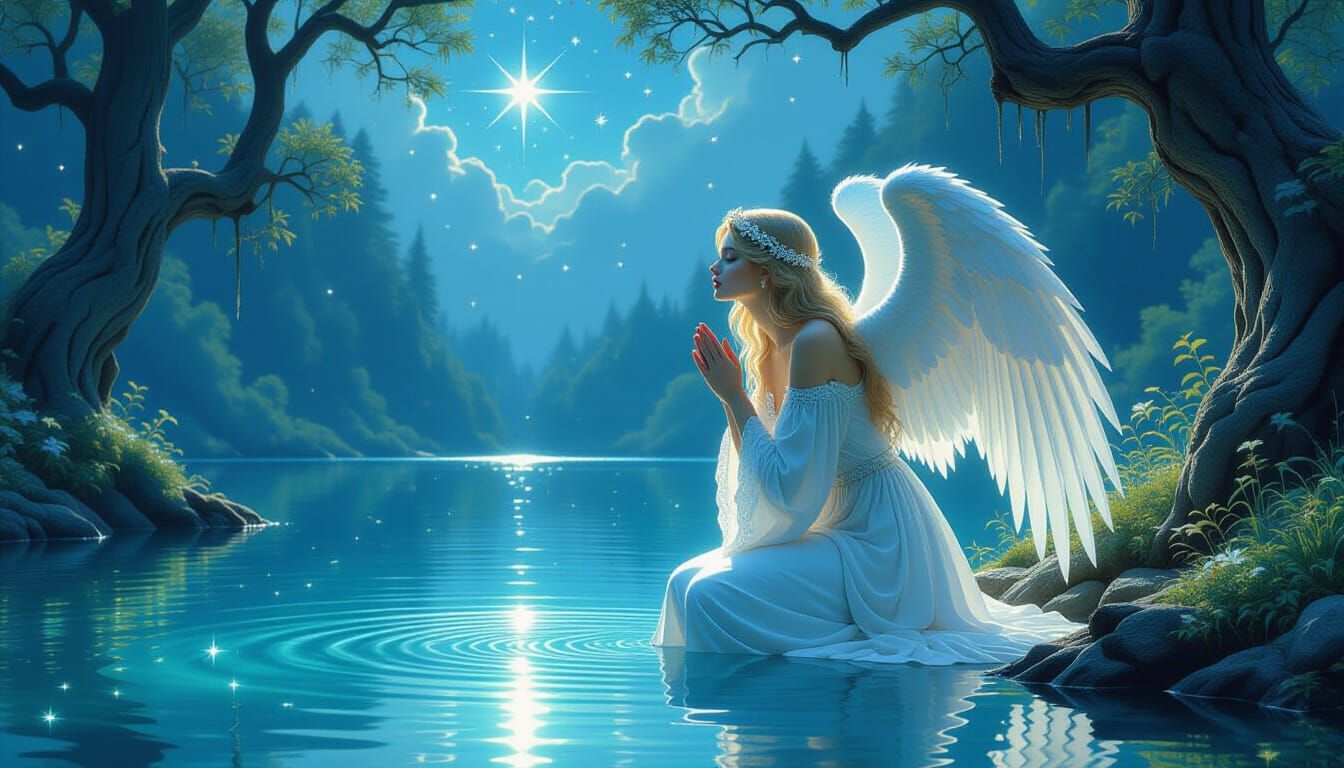 Majestic Angel Beside Crystal Lake: Art Nouveau Style