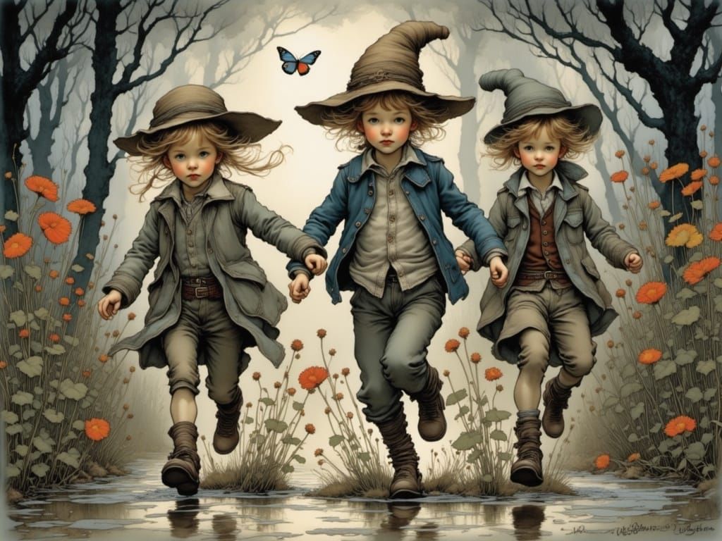 Whimsical Children Play in Puddles Under Evening Light