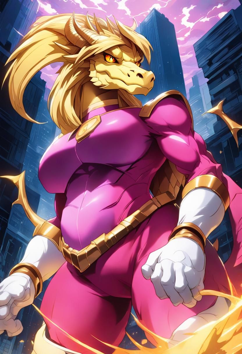 Gigantic Dragon Superhero Towers Over City in Anime Style