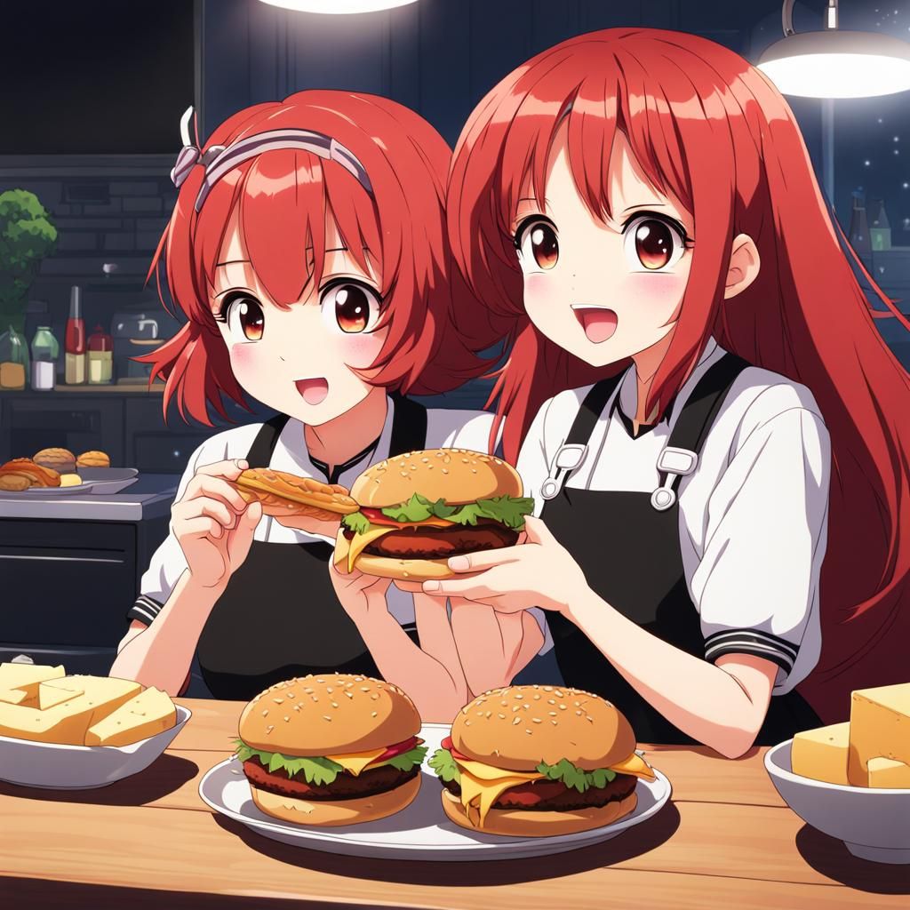 Anime Girls Enjoying Cheeseburgers in Manga Style
