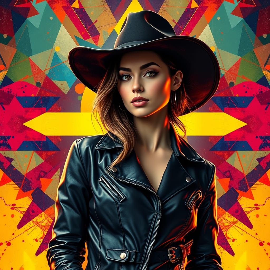 a striking woman in a black leather jacket and wide-brimmed hat, set against a vibrant, abstract background of geometric...