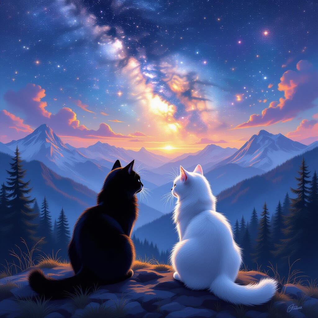 Cats Watch Galaxy Swirl Over Pine Forest Mountain
