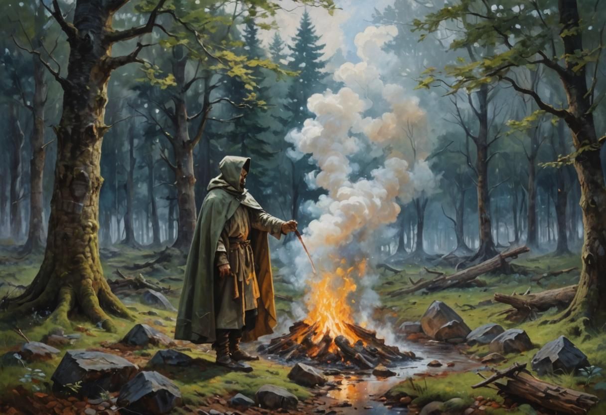 Druid by Campfire in Forest Clearing Oil Painting
