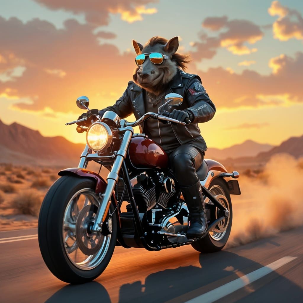 Warthog Biker on Chrome Motorcycle at Sunset