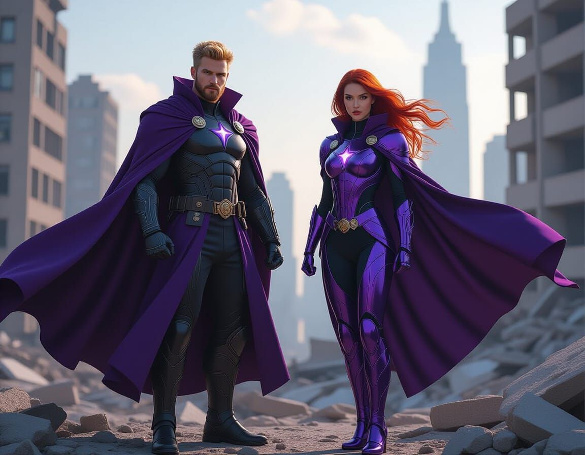 Celestial Heroes Gathering Energy Above City Ruins