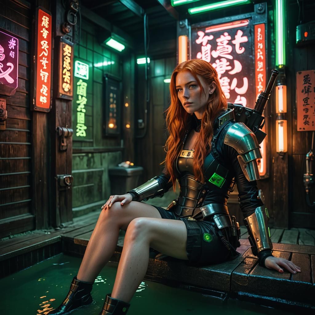 Cyberpunk Woman in Neon-Lit Japanese Onsen