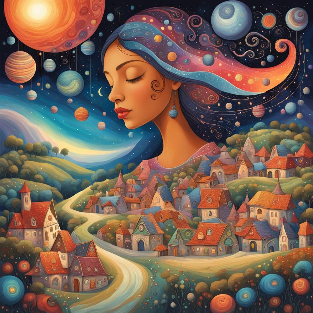 Whimsical Fairy-Tale Village with Celestial Sky