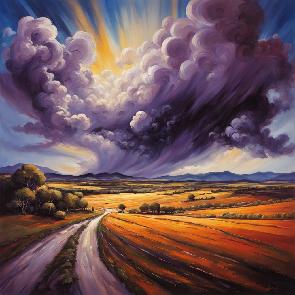 Surreal Thunderstorm and Sunshine Landscape in Oil