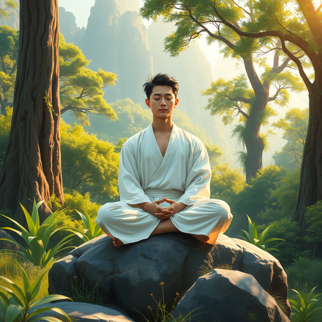Serene Asian Meditator in a Vibrant Landscape