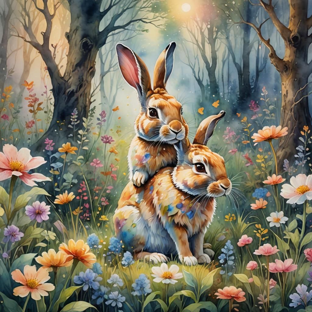 Rabbit Devouring Whimsical Forest in Watercolor Style