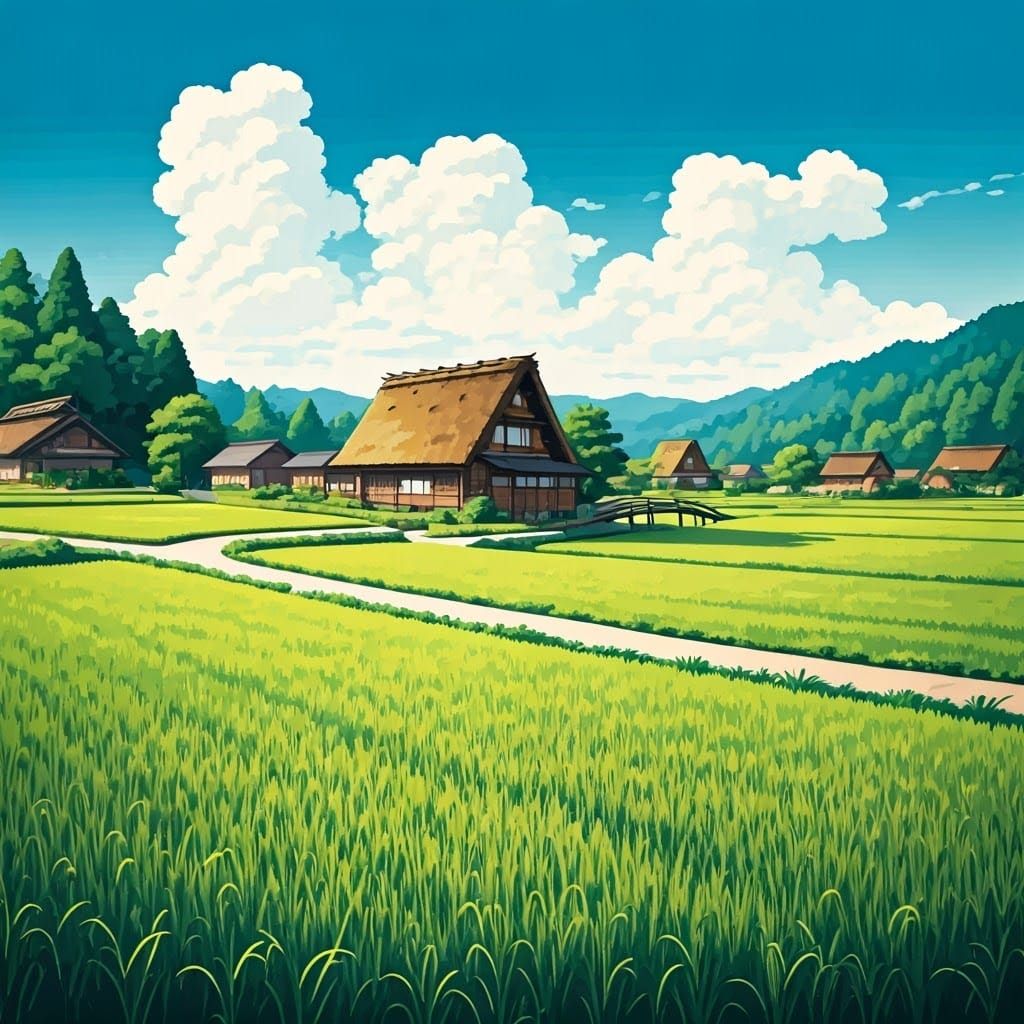Picturesque Japanese Village in Ukiyo-e Style