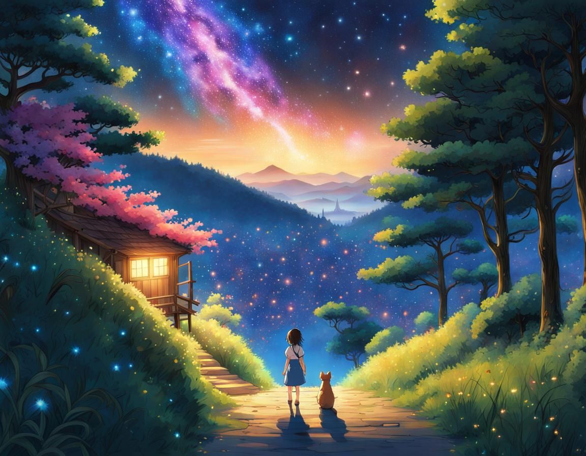 Studio Ghibli City and Forest at Starry Night