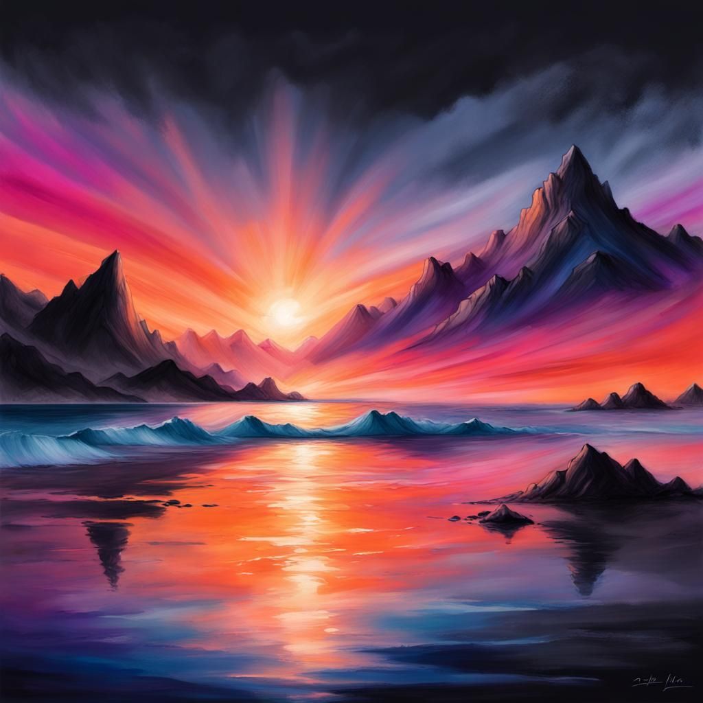 Vibrant Sunset Beachscape Charcoal Sketch