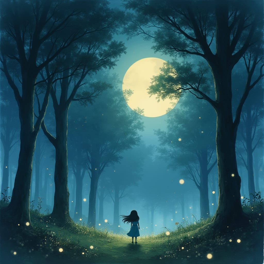Enchanting Moonlit Forest in Ghibli Watercolor Style