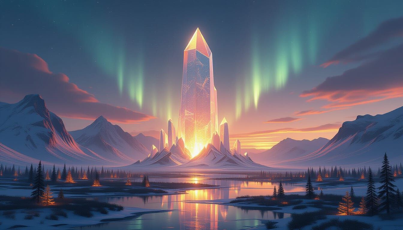 Crystal Monolith on Fractal Plains with Neon Aurora