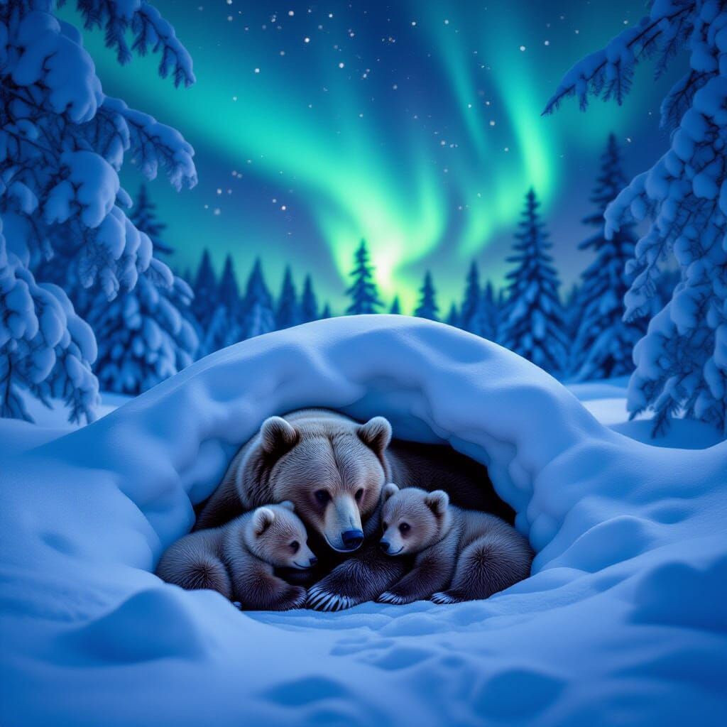 Mother Bear and Cubs Cozy Winter Den with Aurora Borealis