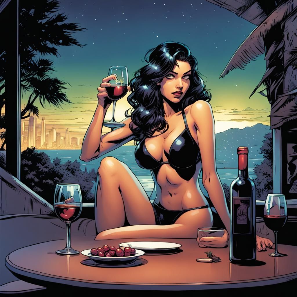 Woman in Bikini with Wine, Comic Book Art