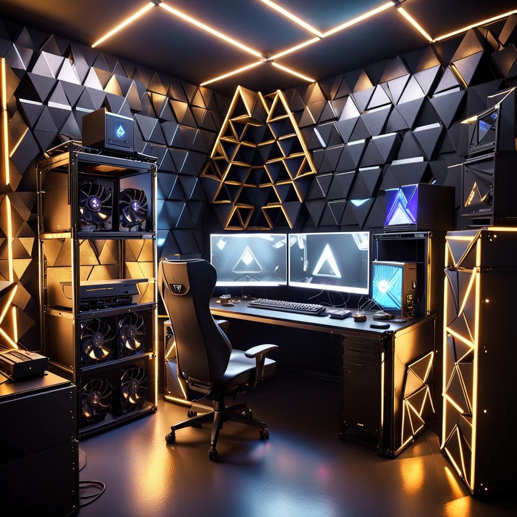 PC Gaming Set. Pro Level with Deus Ex style. Noir cyberpunk, Minimalistic, retrolights, metallic, origami shapes and tri...