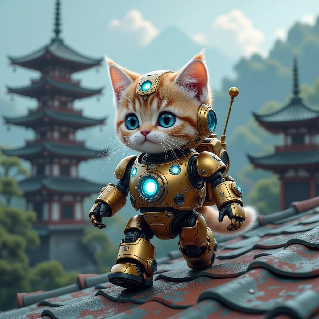 Steampunk Kitten Droid on Japanese Pagodas