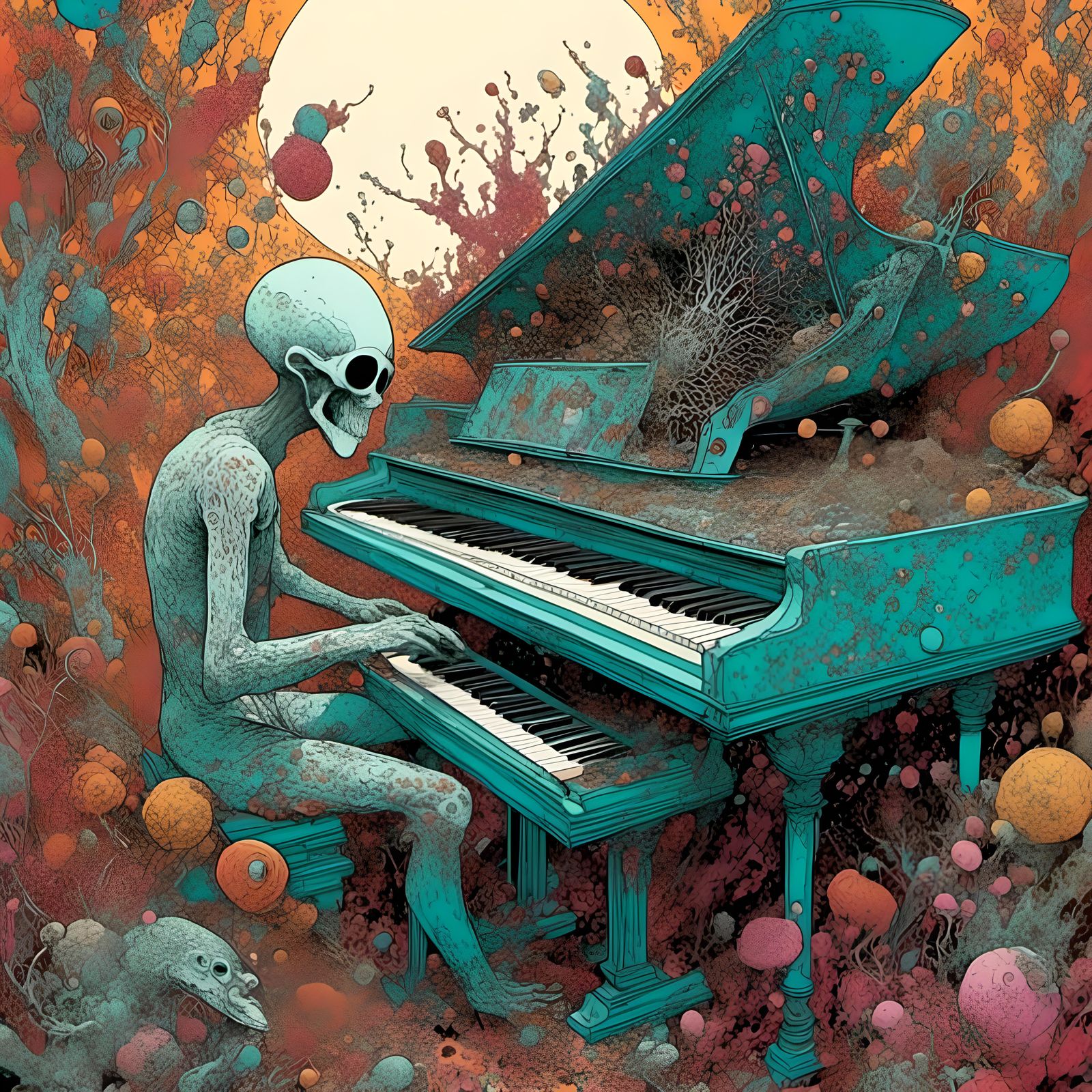 Paramecium Plays Piano in Surreal Biopunk Style