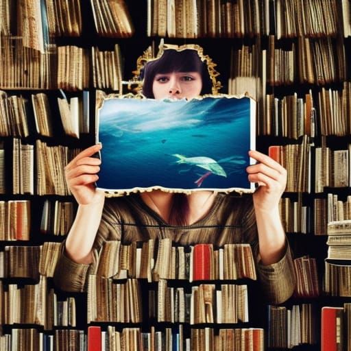 Double Exposure Portrait: Books and Ocean Collage