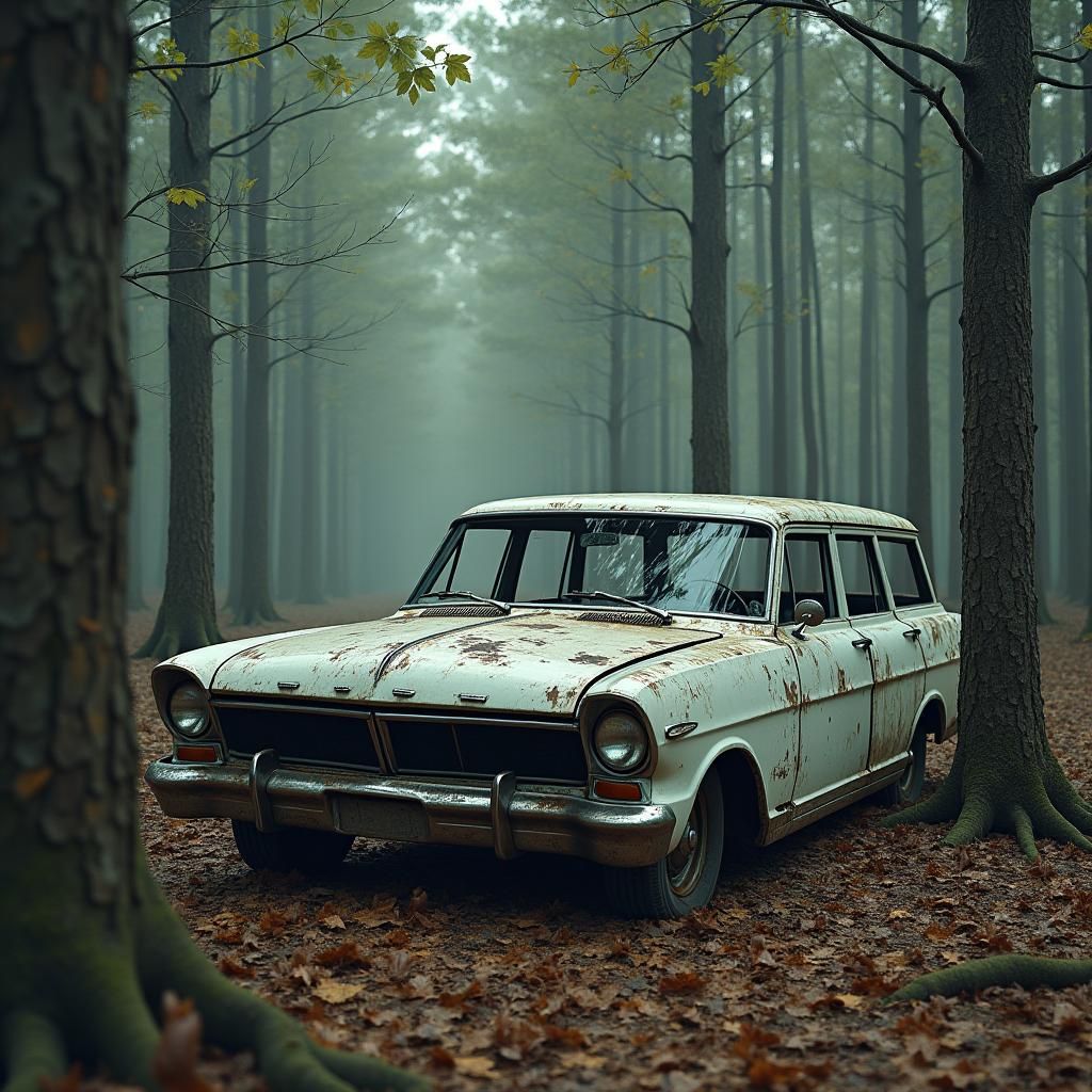 Worn Chevy Nova Wagon in Mystical Carolina Woods