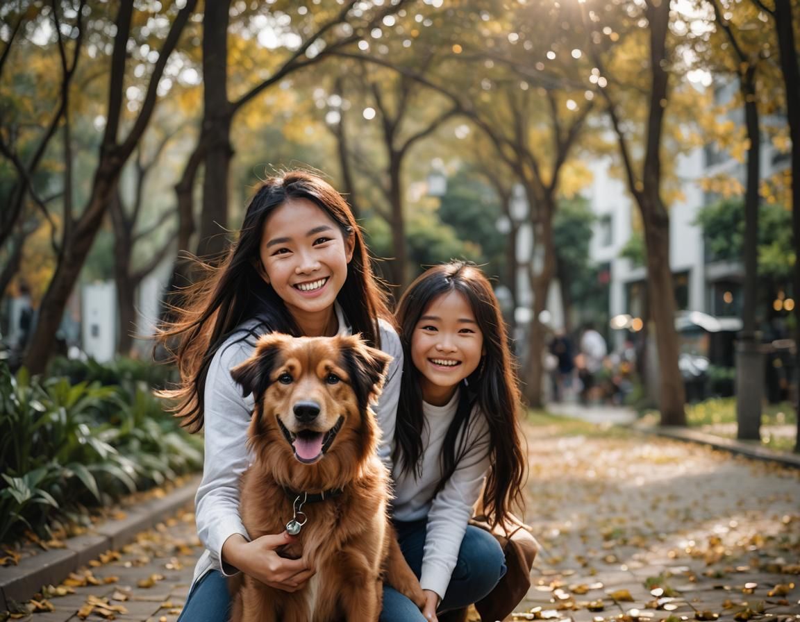 Asian Girl Smiling with Dog: Professional Photography