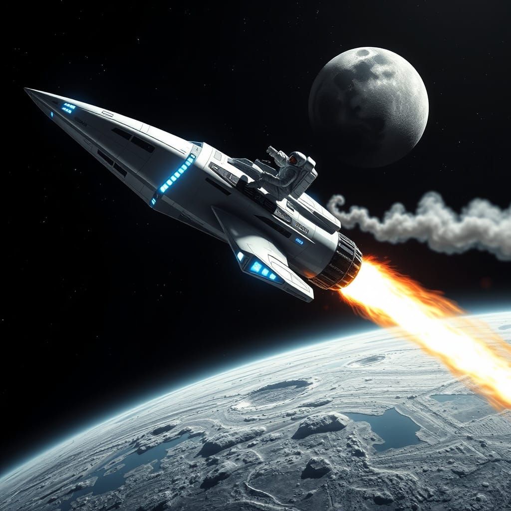 Sleek Spaceship Blasts Off to Historic Moon Landing in Neon-...