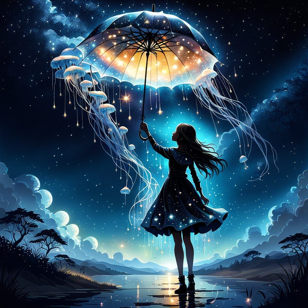 Surreal Impressionist Scene of Girl with Jellyfish Umbrella....