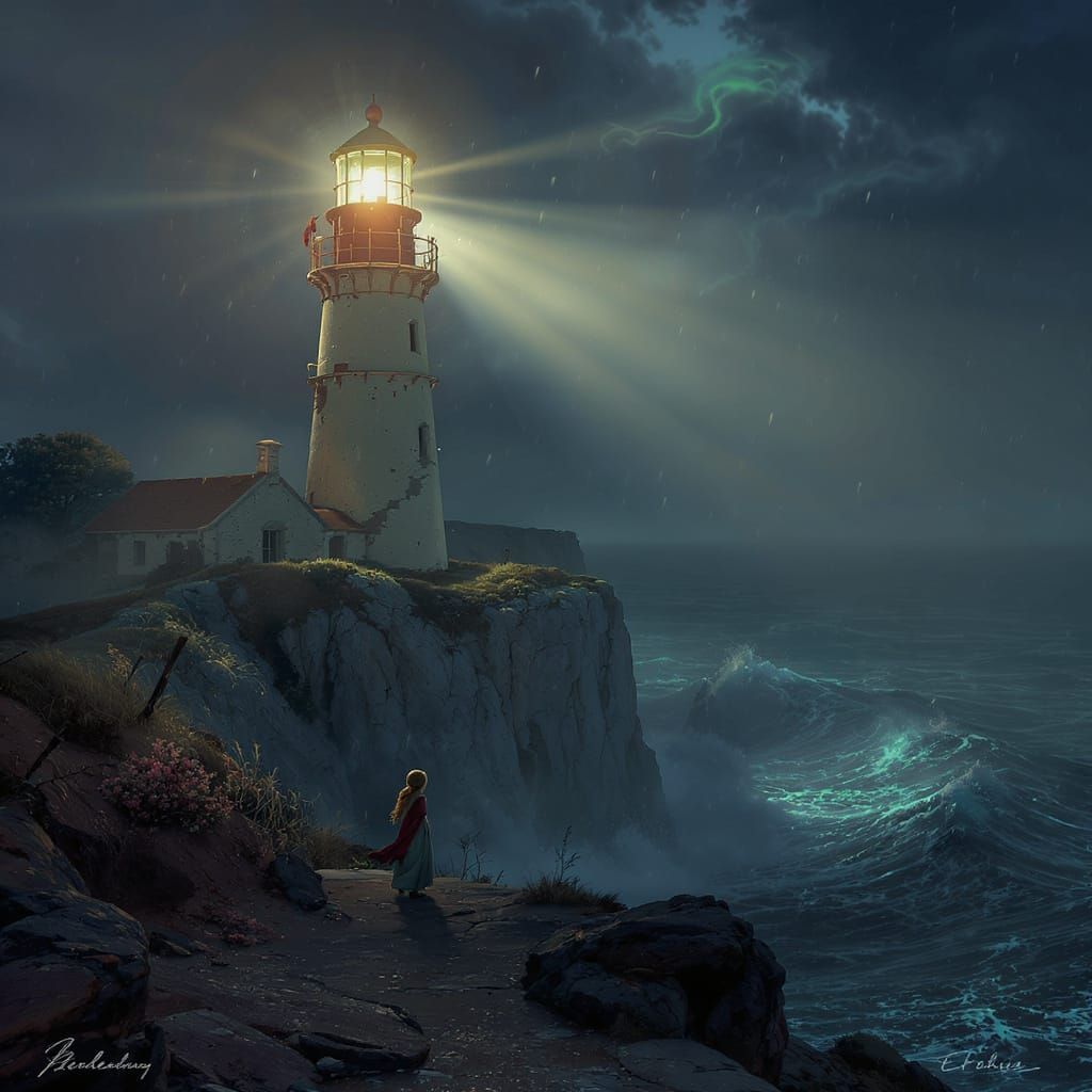 Magical Realism Lighthouse Keeper's Daughter Guides Ships