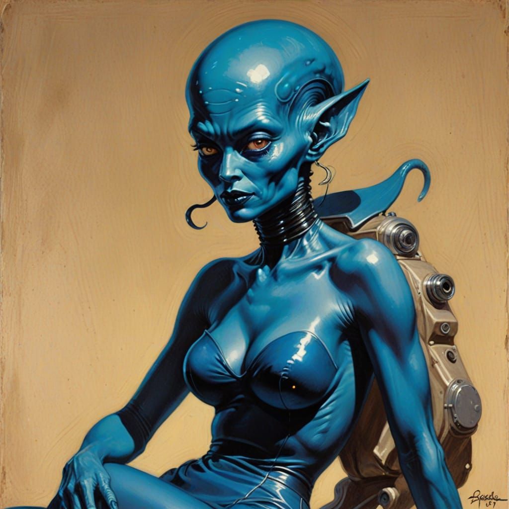 Blue Alien in Pin-Up Style Painting