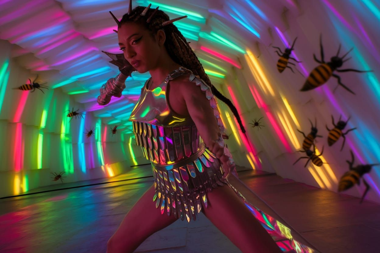 Warrior in Iridescent Armor Fights Wasps in Glitched Corrido...