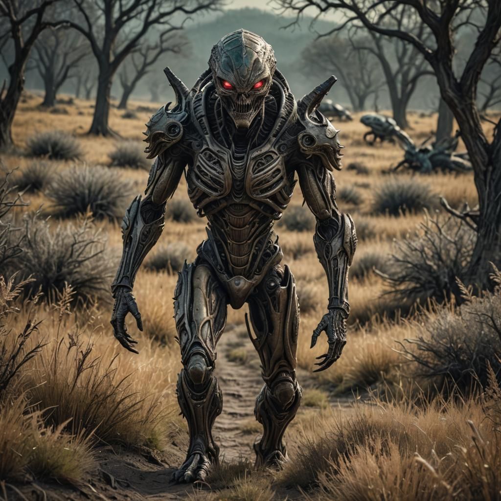 Alien Creature Stalks Hunter in Hyperrealistic Meadow