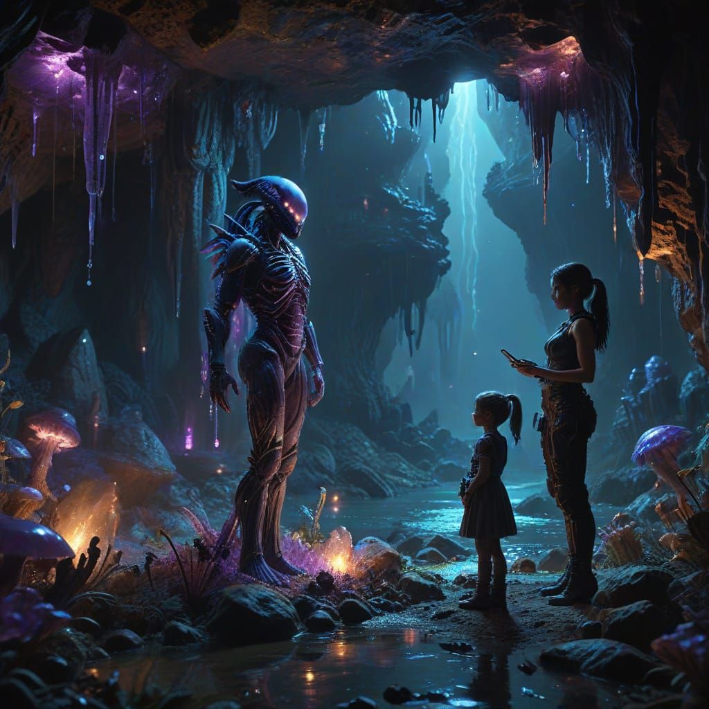 Mystical Cave Scene in Bioluminescent Light