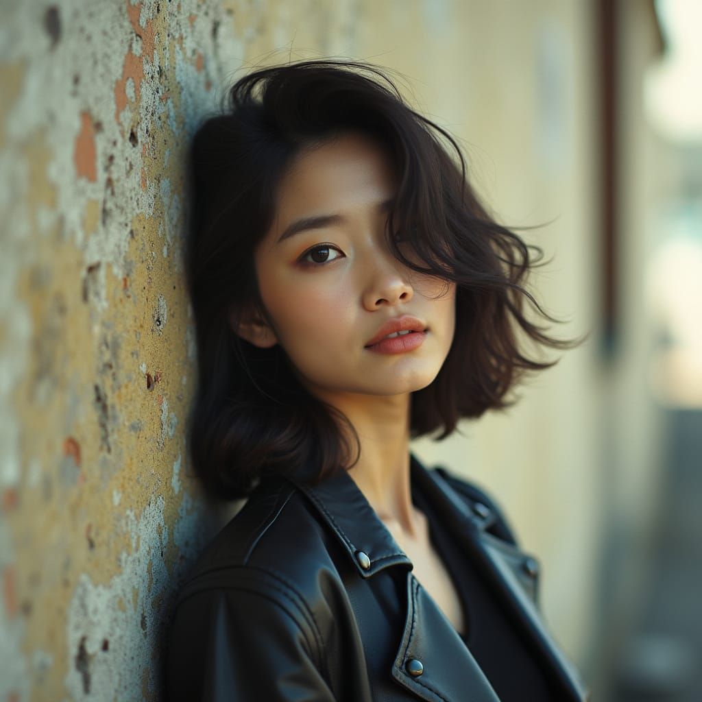 A korean girl standing leaning into a wall. Portrait photogr...