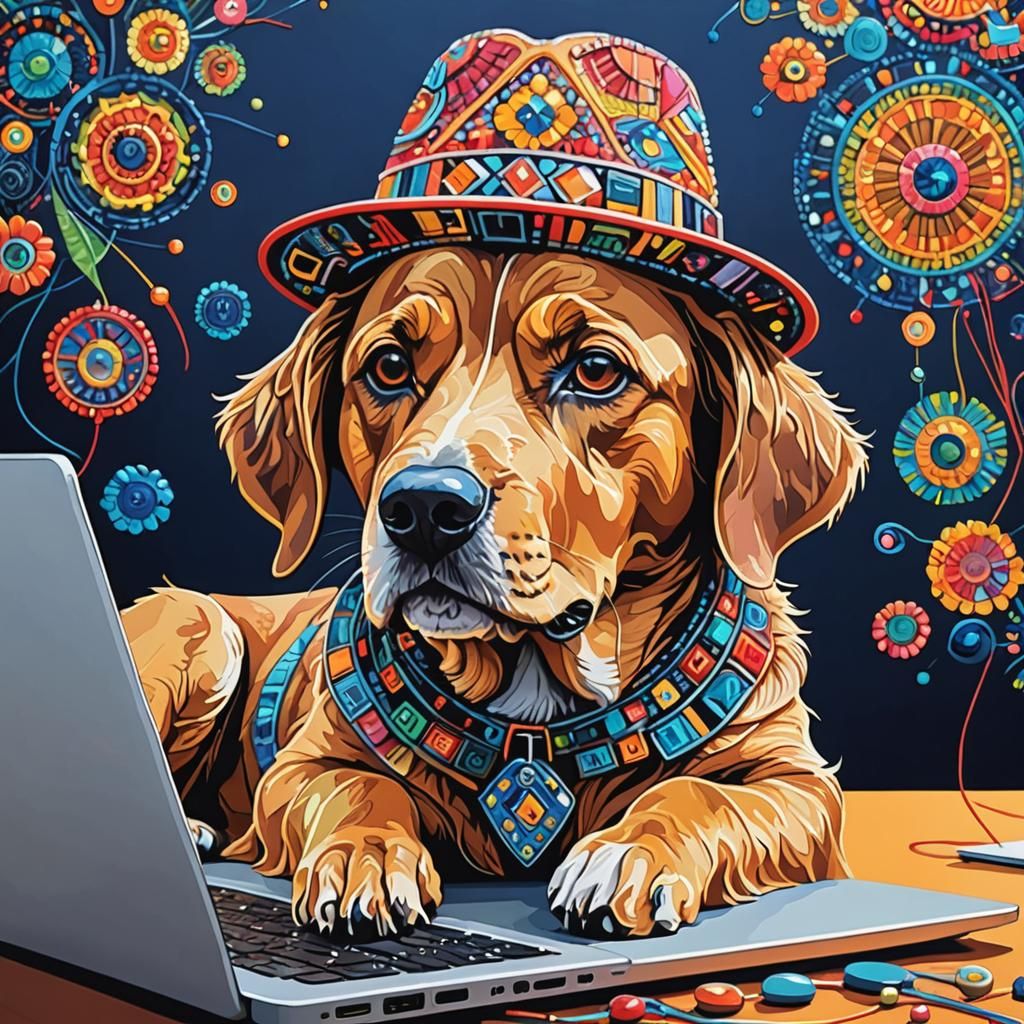 Surreal Gouache: Dog Using Laptop in Abstract Art