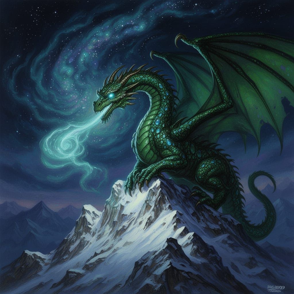 Emerald Dragon on Snowy Peak Under Starlit Sky