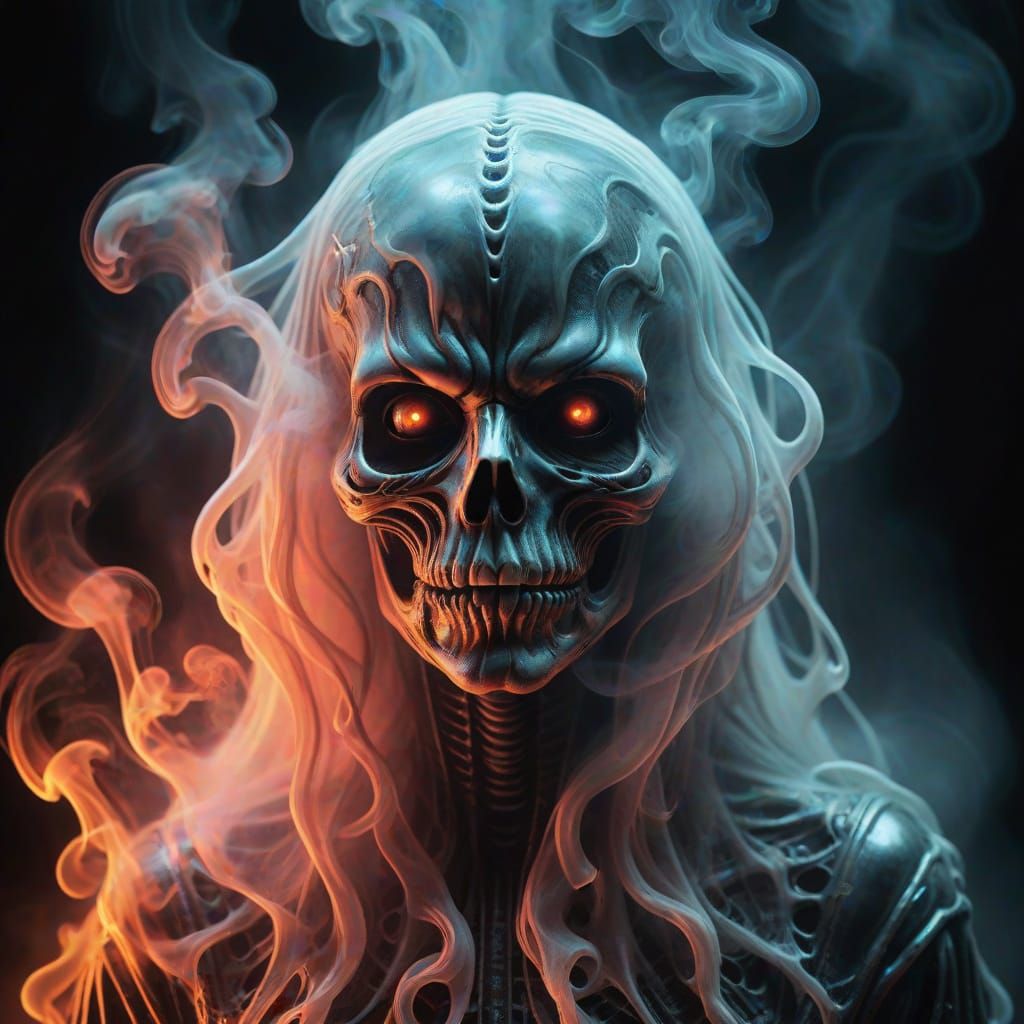 Ethereal Neon Smoke Ghost Portrait in HR Giger Style