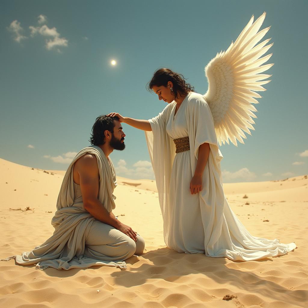 Angel Comforting Man in Desert, Astral Illustration