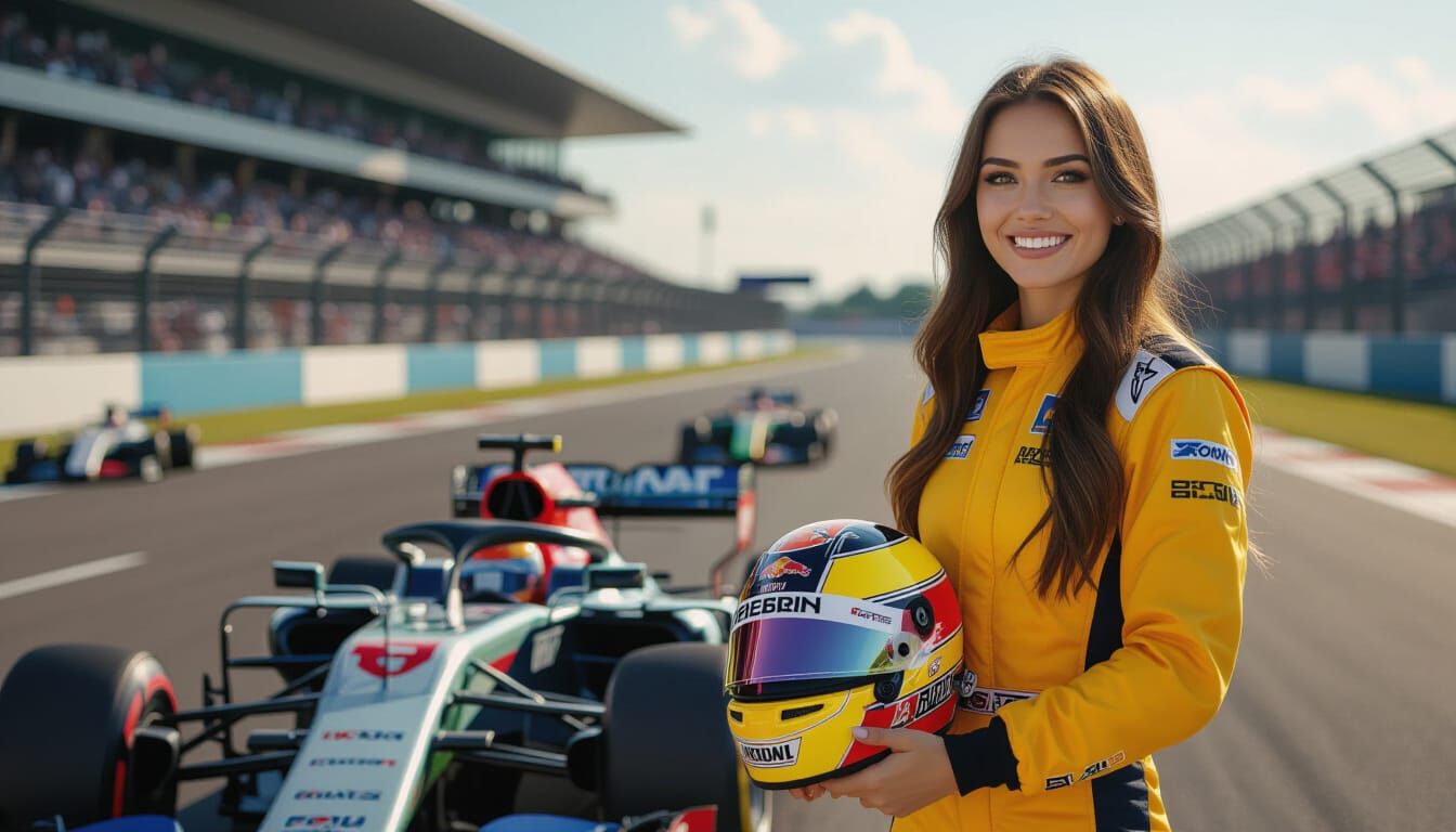 Russian Woman in Racing Uniform Beside Formula Car