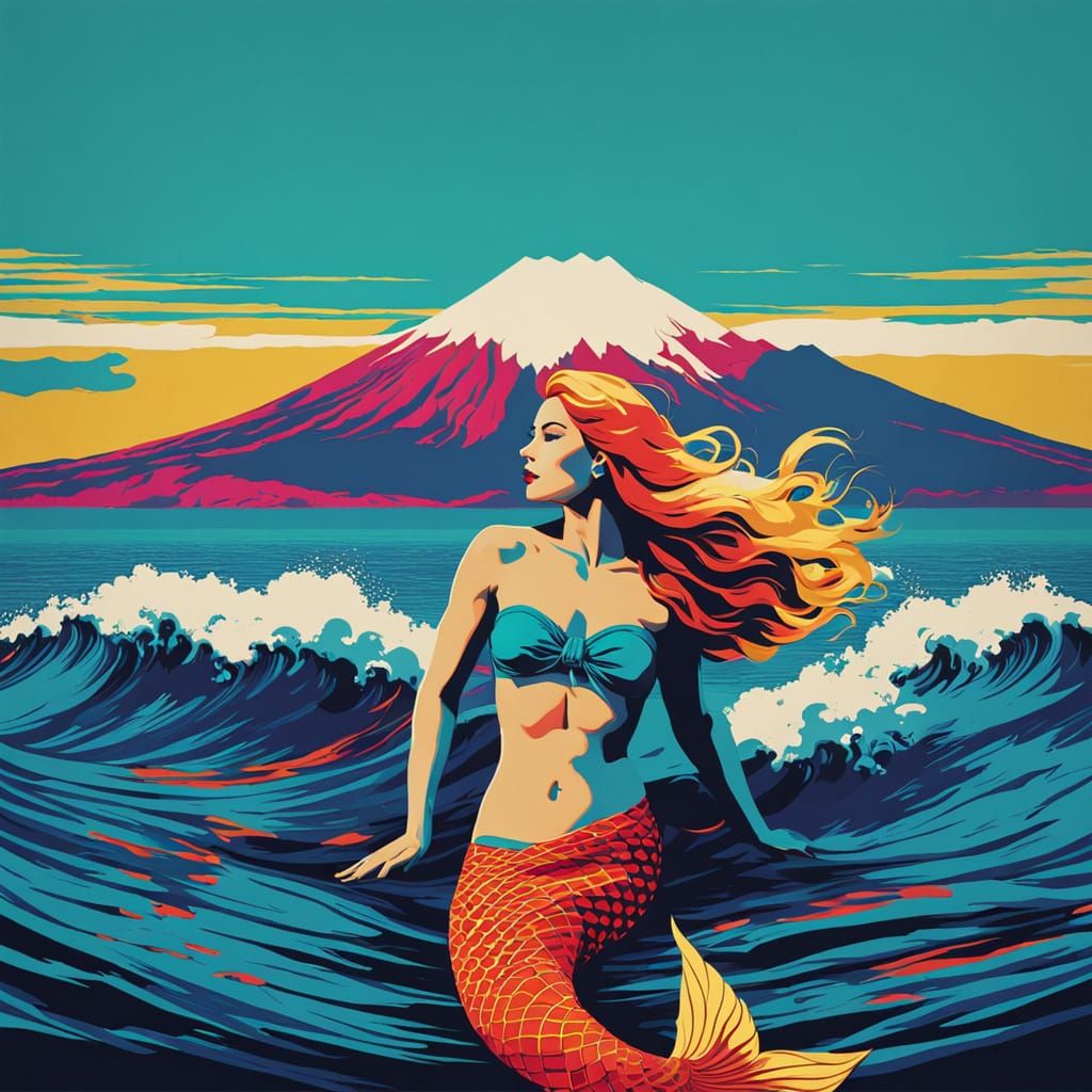 Pop Art Mermaid Partenope with Vesuvius in Warhol Style